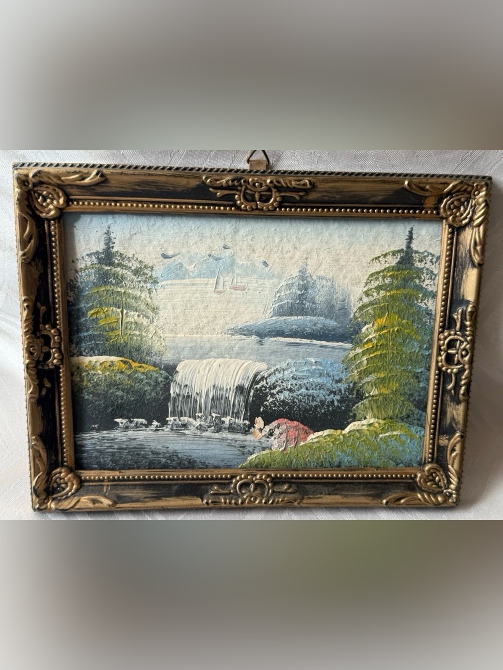Framed Waterfall Landscape Painting VTG Oil Art Picture Nature